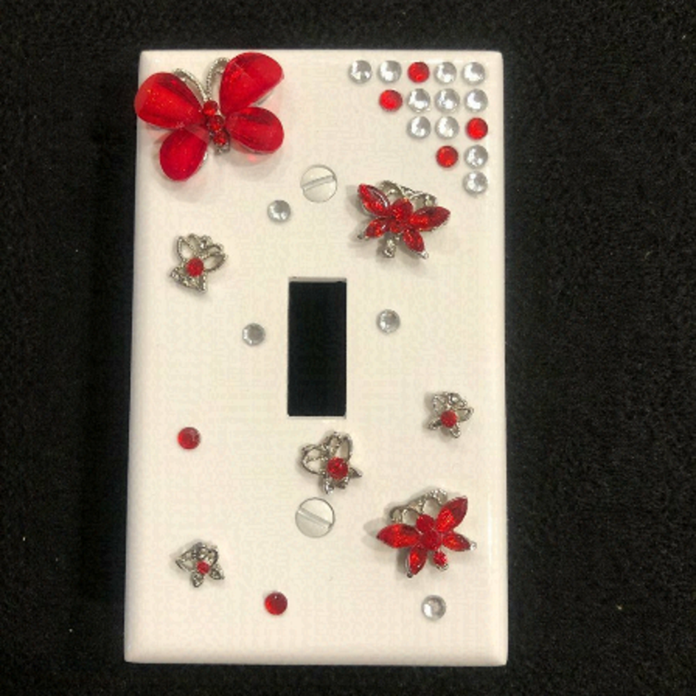 💕2/$25💕Red/Slvr Butterflies w Rhinestones Light Switch Plate Cover